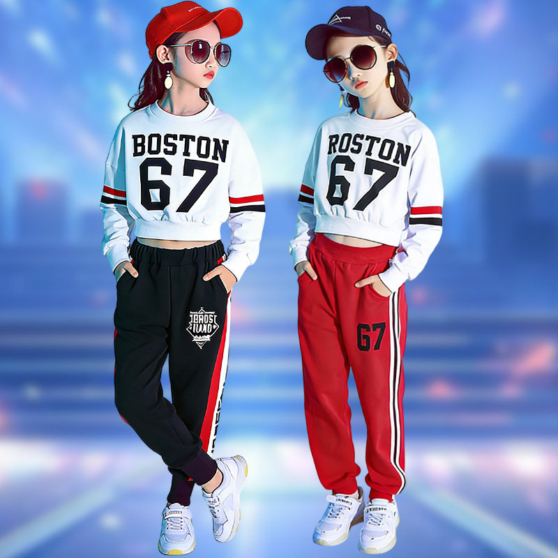 新款儿童街舞套装女童嘻哈风数字印花长袖上衣运动裤爵士舞演出服