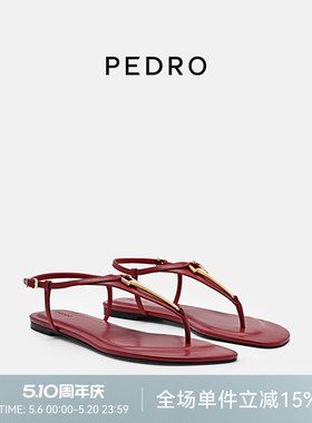 PEDRO牛皮夹趾凉鞋26春季金属扣饰细绊带平底凉鞋PW1-66480123