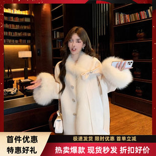 雪国呢子喜儿25冬新款结斗篷双面羊绒大衣女狐狸毛羊毛呢皮草外套