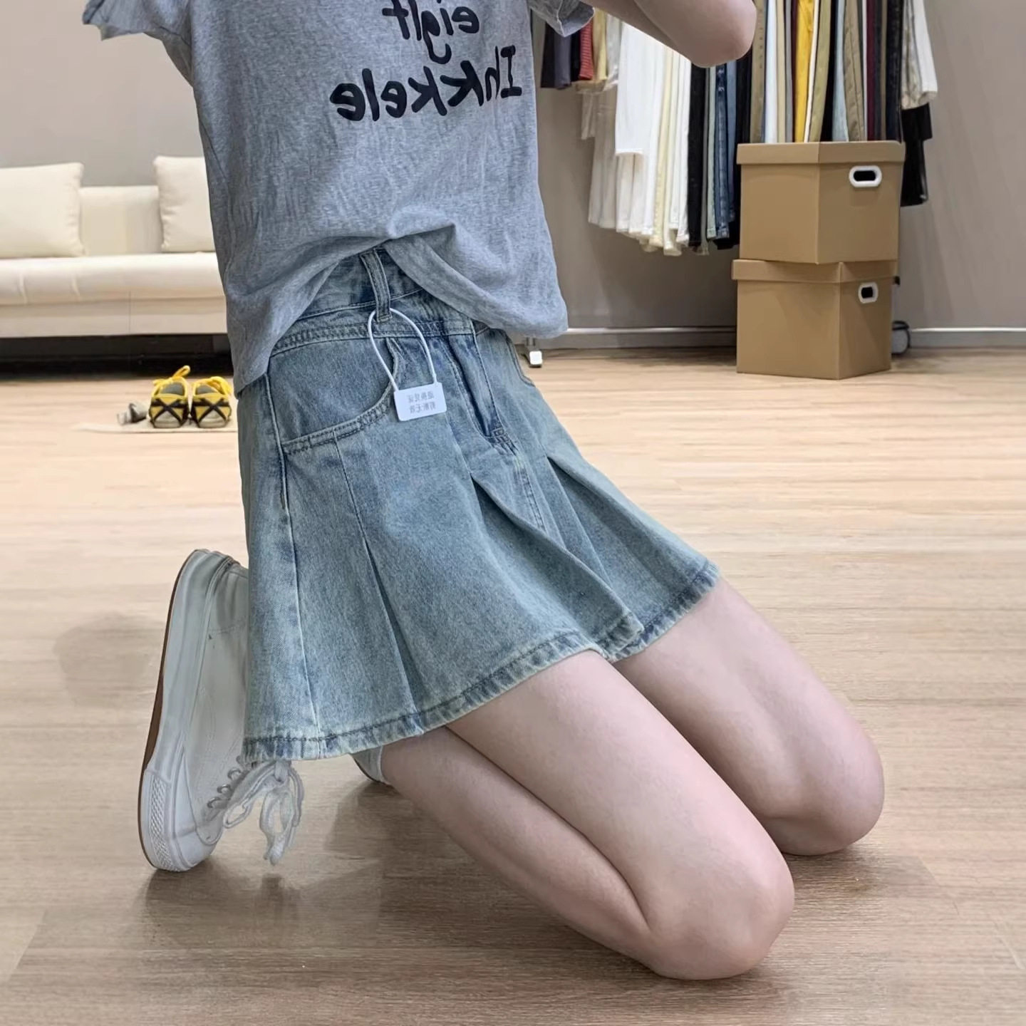 韩版浅色百褶牛仔短裙女夏季新款