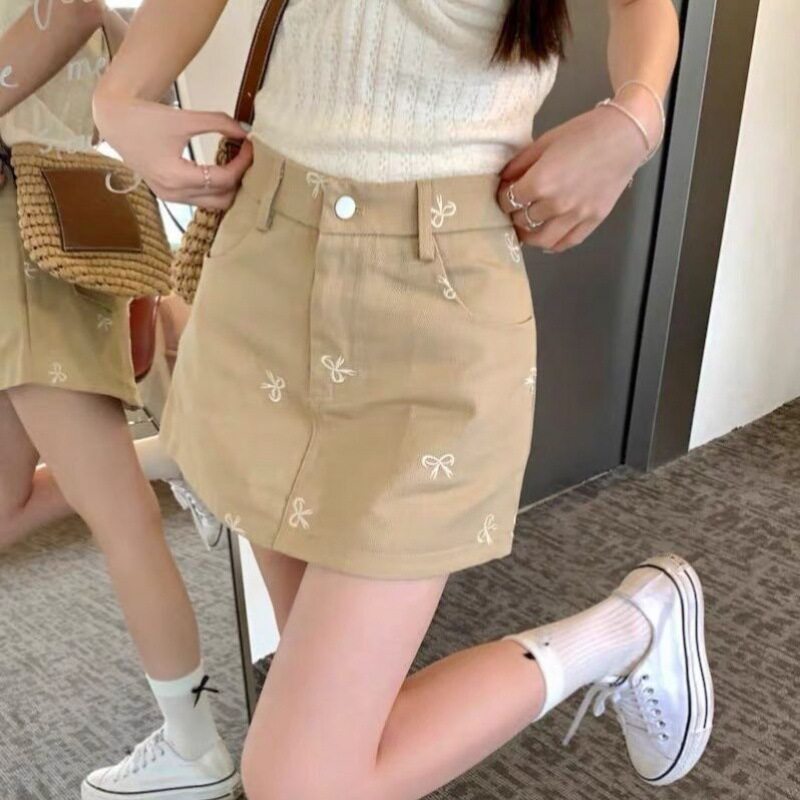 卡其色裙子结刺绣牛仔裙女夏季