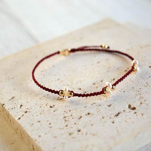 细款暗红绳14k包金珠手工编织珍珠红绳手链女幸运简约甜美风礼物