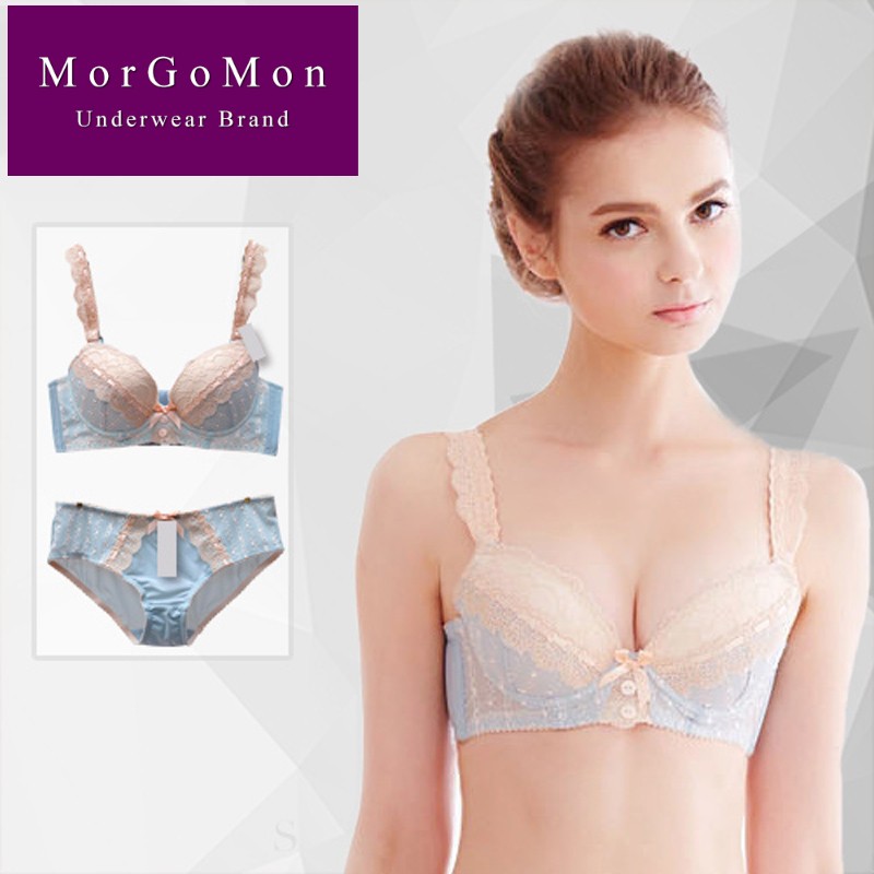 MORGOMON蕾丝性感丰胸聚拢文胸收副乳调整型插片内衣套装ZY1009
