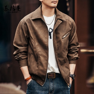 机车风翻领外套男 潮牌宽松大码 美式 复古蜡染皮衣立领夹克男秋季