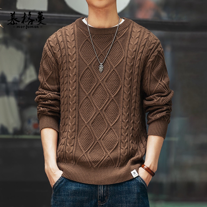高端圆领粗针麻花纹毛衣男士秋冬