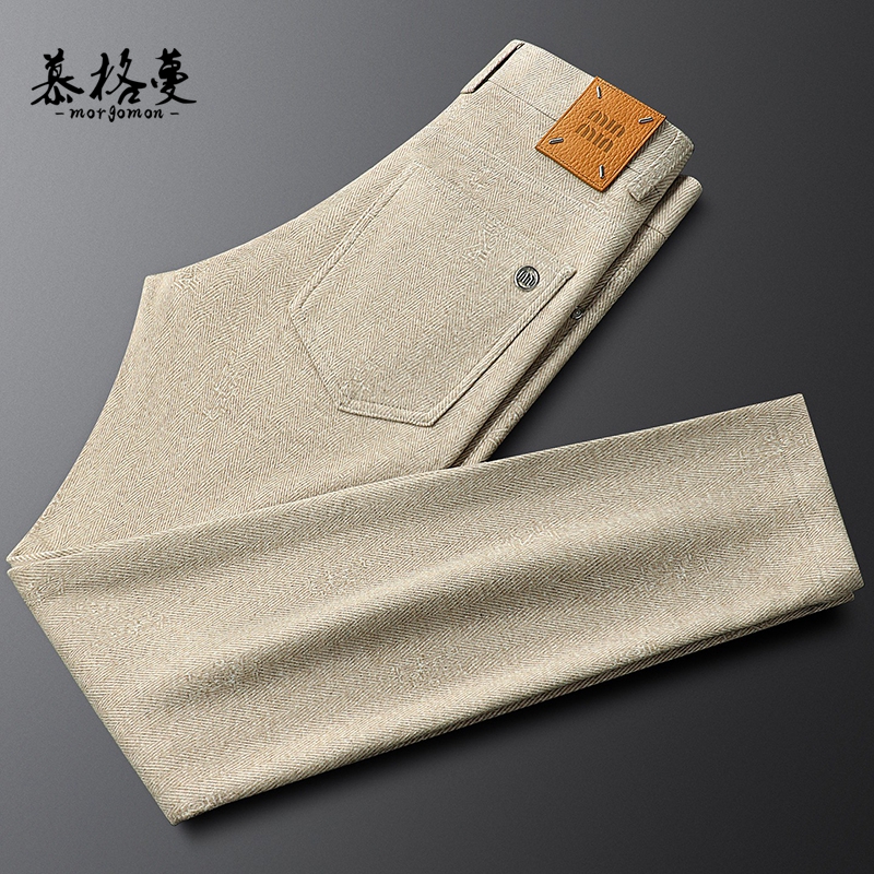 轻奢男士卡其色毛呢休闲裤修身