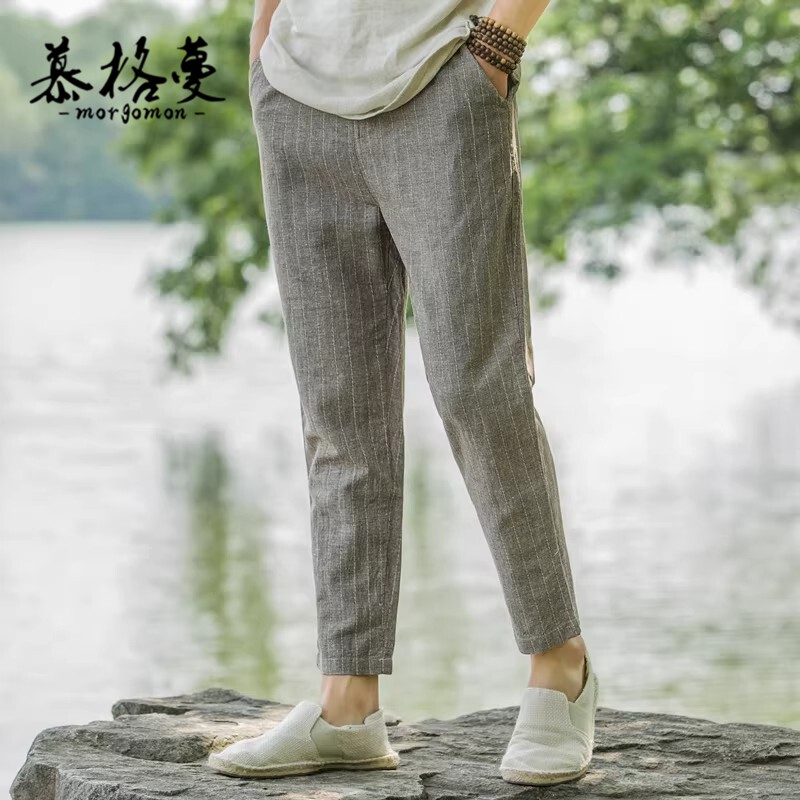 春秋透气薄款棉麻男士九分休闲裤