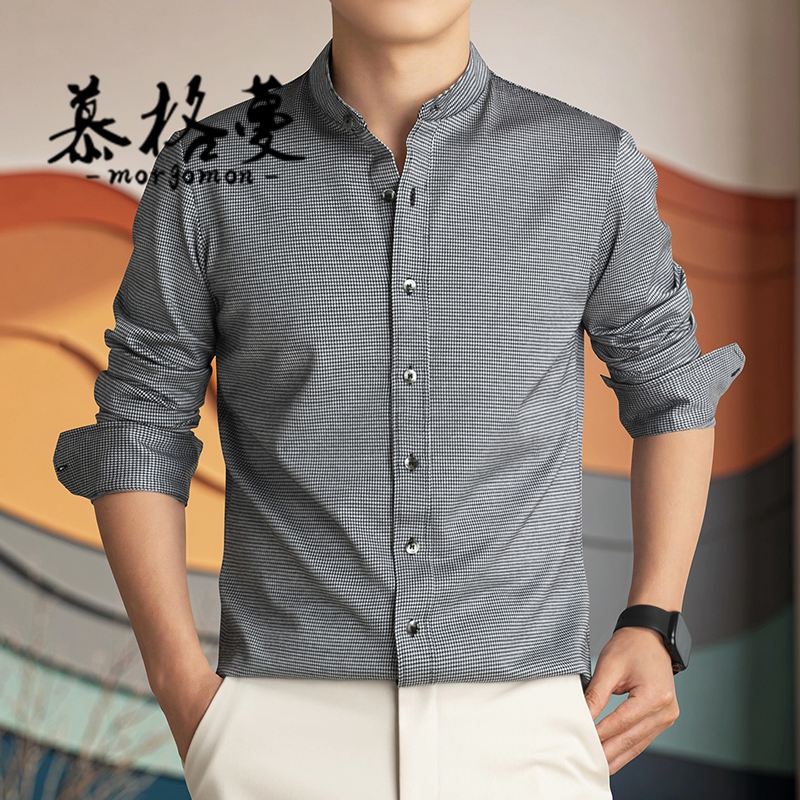 男士长袖衬衫纯棉立领休闲