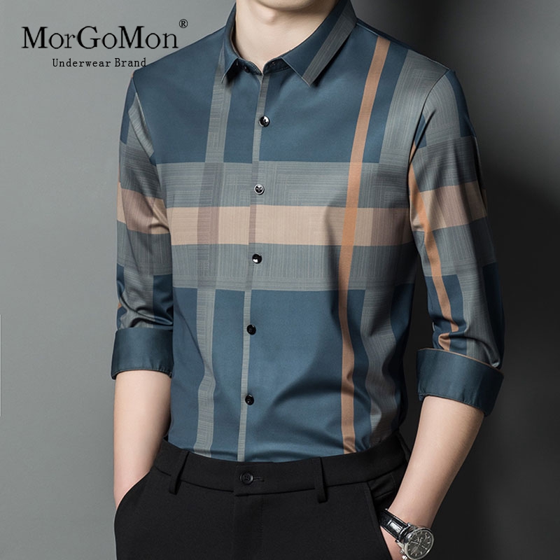 格子衬衫男商务休闲长袖条纹衬衣