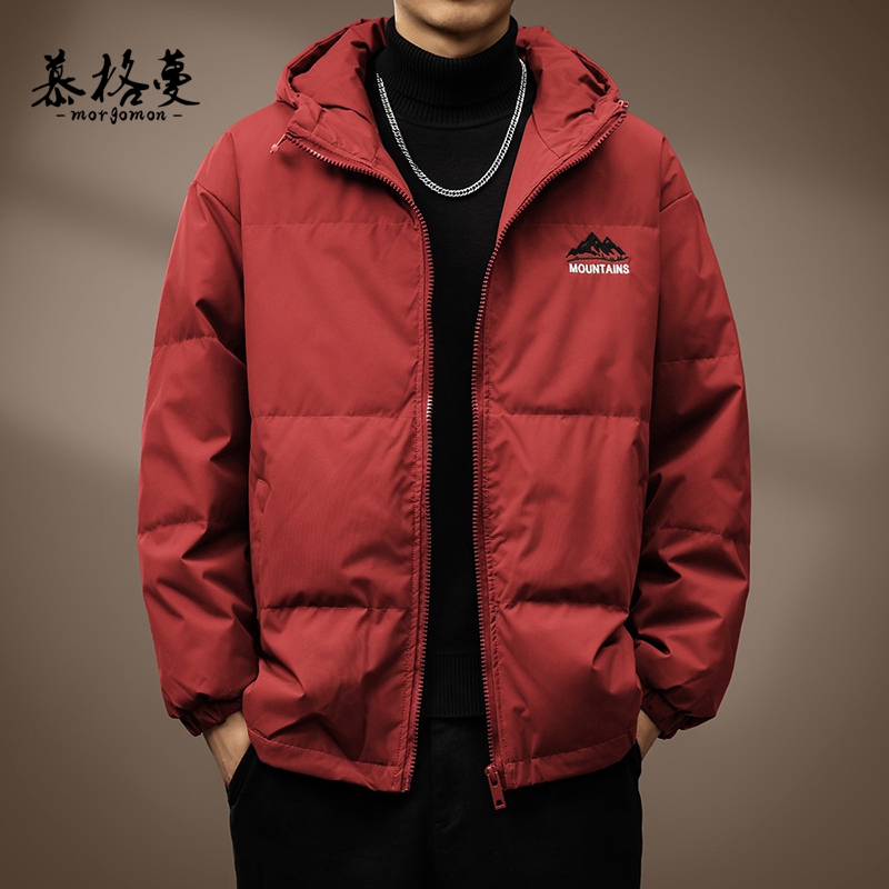 白鸭绒美式复古酒红连帽羽绒服男