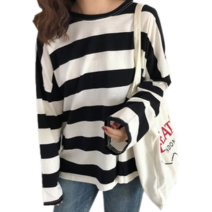 早秋条纹t恤女cec超火长袖宽松泫雅上衣潮2023春秋少女新款打底衫