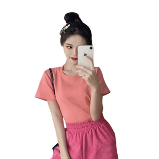 2023夏季新款超火纯色t恤女装短袖修身网红玫红色糖果上衣服ins潮