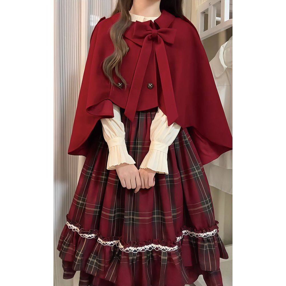 红笺洛宴 复古lolita千金感格子控连衣裙+斗篷+衬衫三件套女冬季