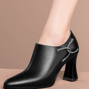 舒适尖头深口高跟鞋女2025新款春秋小皮鞋粗跟百搭工作鞋气质单鞋