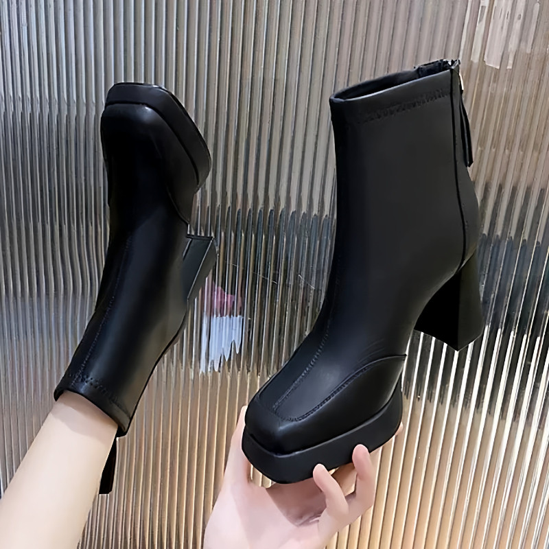 真皮方头小个子厚底马丁靴女2025秋冬新款百搭时尚粗跟防水台短靴