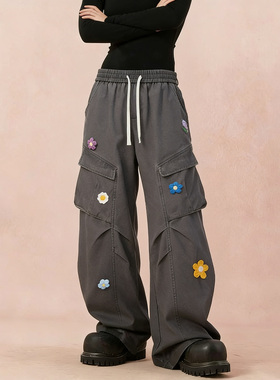 BCFR美式立体花卉工装伞兵裤男女秋冬潮牌阔腿裤情侣弯刀休闲