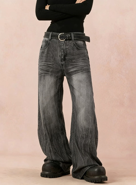 BCFR高街闪电纹牛仔裤男2025秋冬款美式休闲裤加厚加绒微喇裤