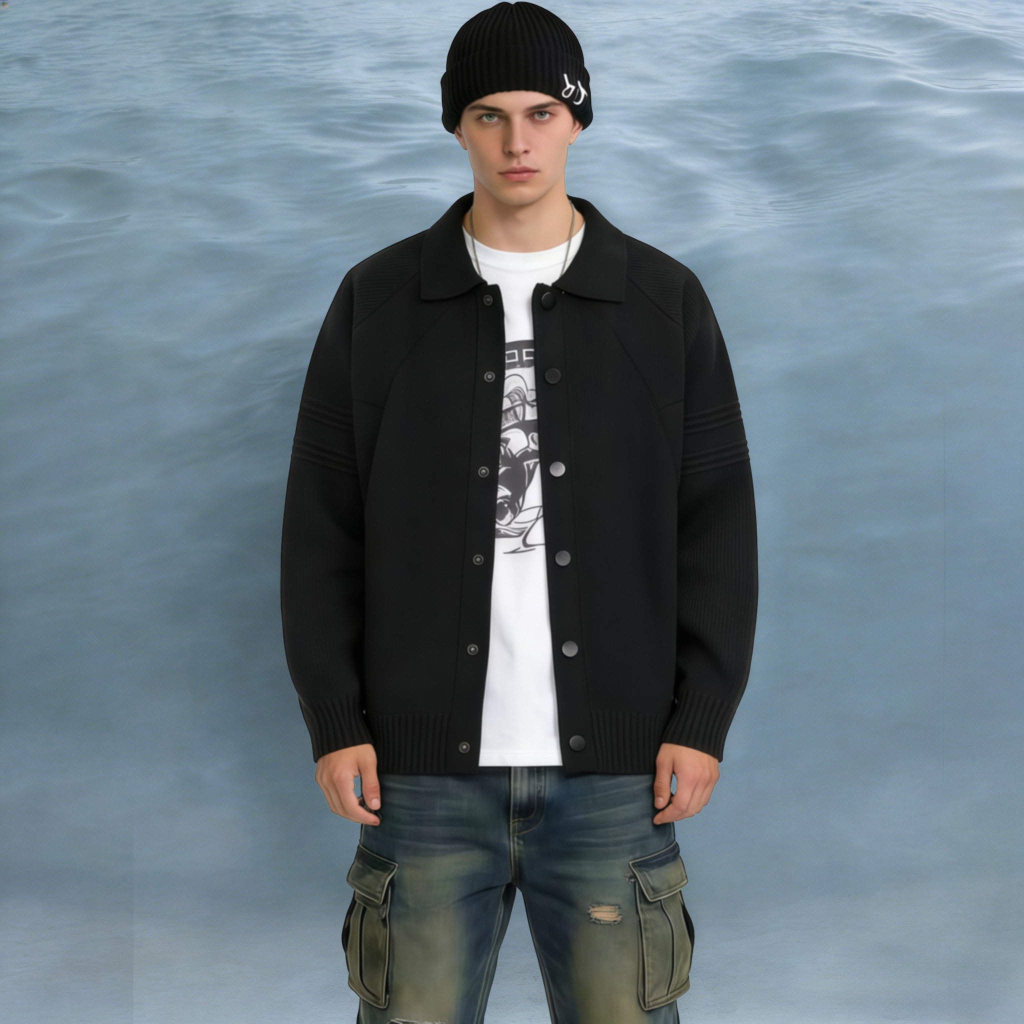 美式复古针织衫开衫外套男翻领休闲慵懒风黑色毛衣