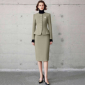 职业高级感正装 女长袖 宴会礼服 套装 AD轻熟风绿色毛呢加厚圆领西装