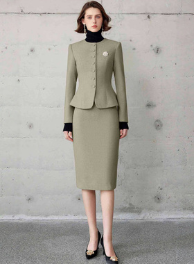 AD轻熟风绿色毛呢加厚圆领西装套装女长袖职业高级感正装宴会礼服