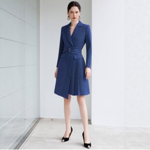 宝蓝色毛呢西装连衣裙加厚保暖女长袖收腰显瘦职业装高端宴会礼服