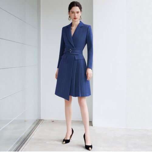 宝蓝色毛呢西装连衣裙加厚保暖女