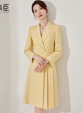 艾尚臣高级感西装连衣裙女职业气质浅黄色主持人上镜主播正装礼服
