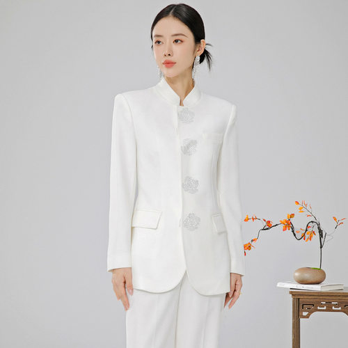 白色新中式中国风女套装复古立领