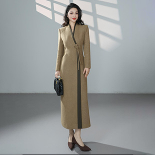 羊毛呢宴会礼服正装长袖连衣裙秋冬外套中式盘扣女长款驼色工作服