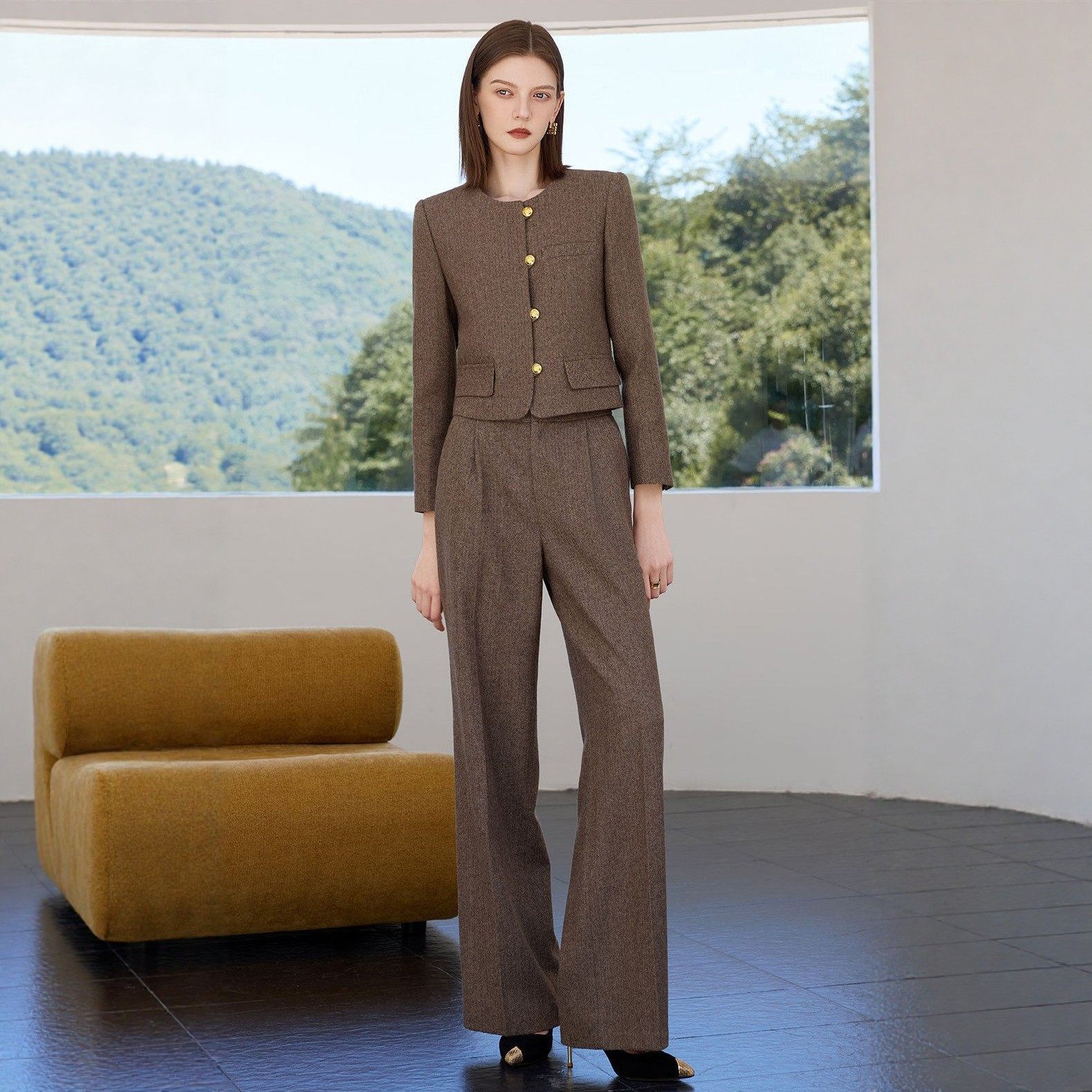 AD加厚羊毛呢深咖色西装套装直筒裤两件套显高职业正装女保暖礼服