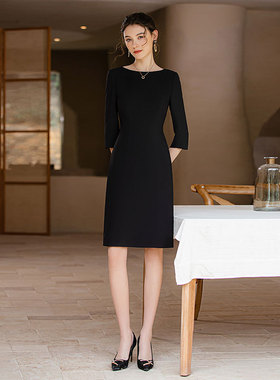 AD赫本风黑色连衣裙女宴会礼服优雅七分袖职业装销售珠宝店工作服
