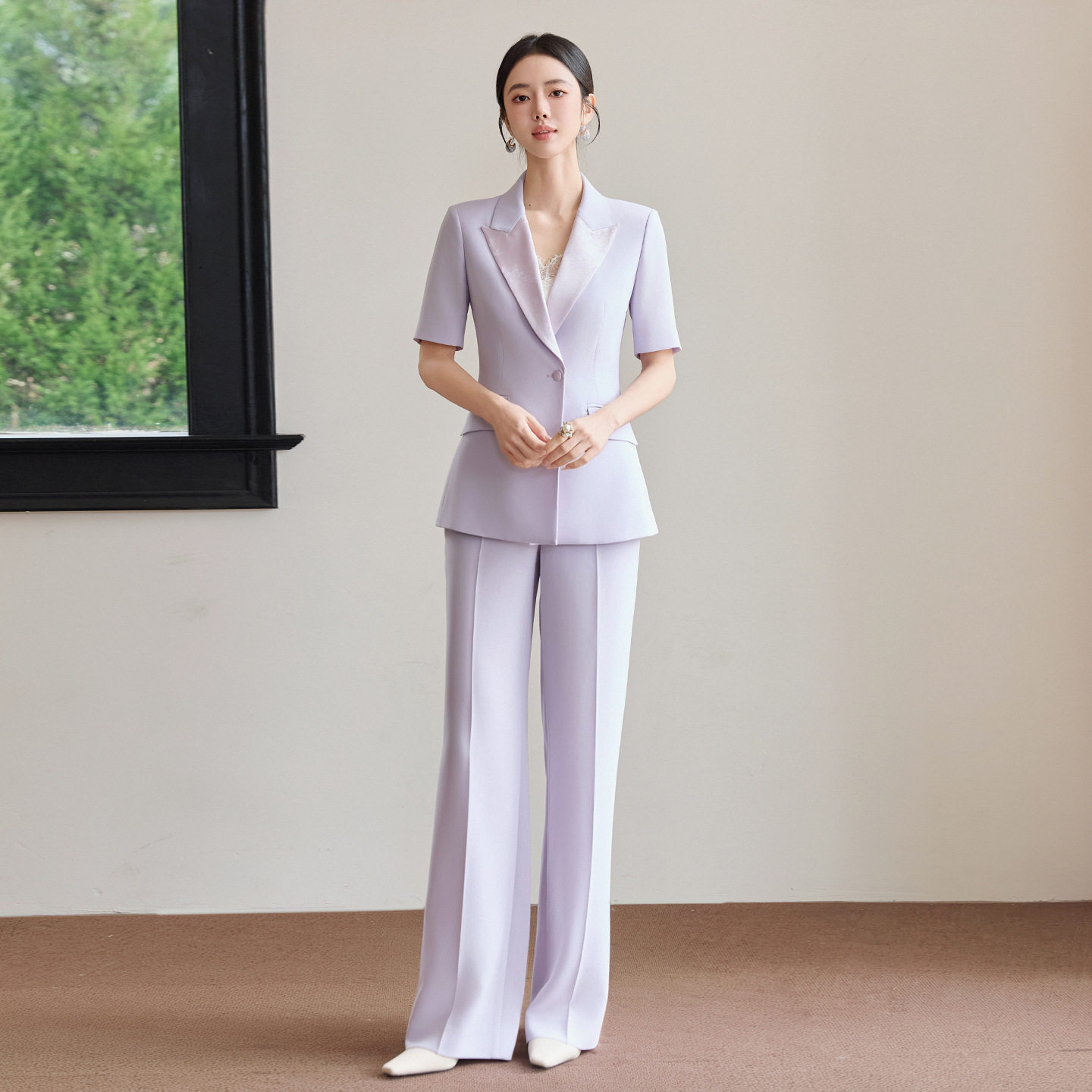 宴会礼服国风紫色西装套装女夏季设计感薄款直筒裤主持人西服正装