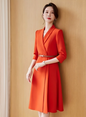 大码正装西装连衣裙女胖MM橙红色主持人宽松收腰显瘦职业装礼服裙