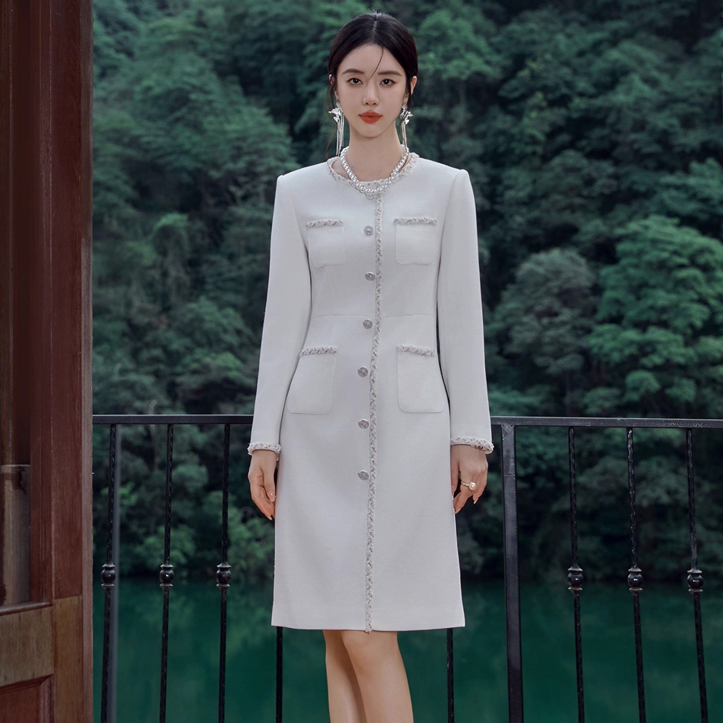 高端小香风粗花呢白色连衣裙礼服