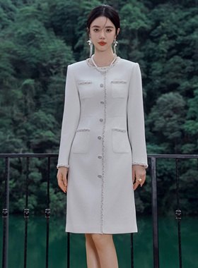 高端小香风粗花呢白色连衣裙女气质名媛镶边聚会宴会礼服气质外套