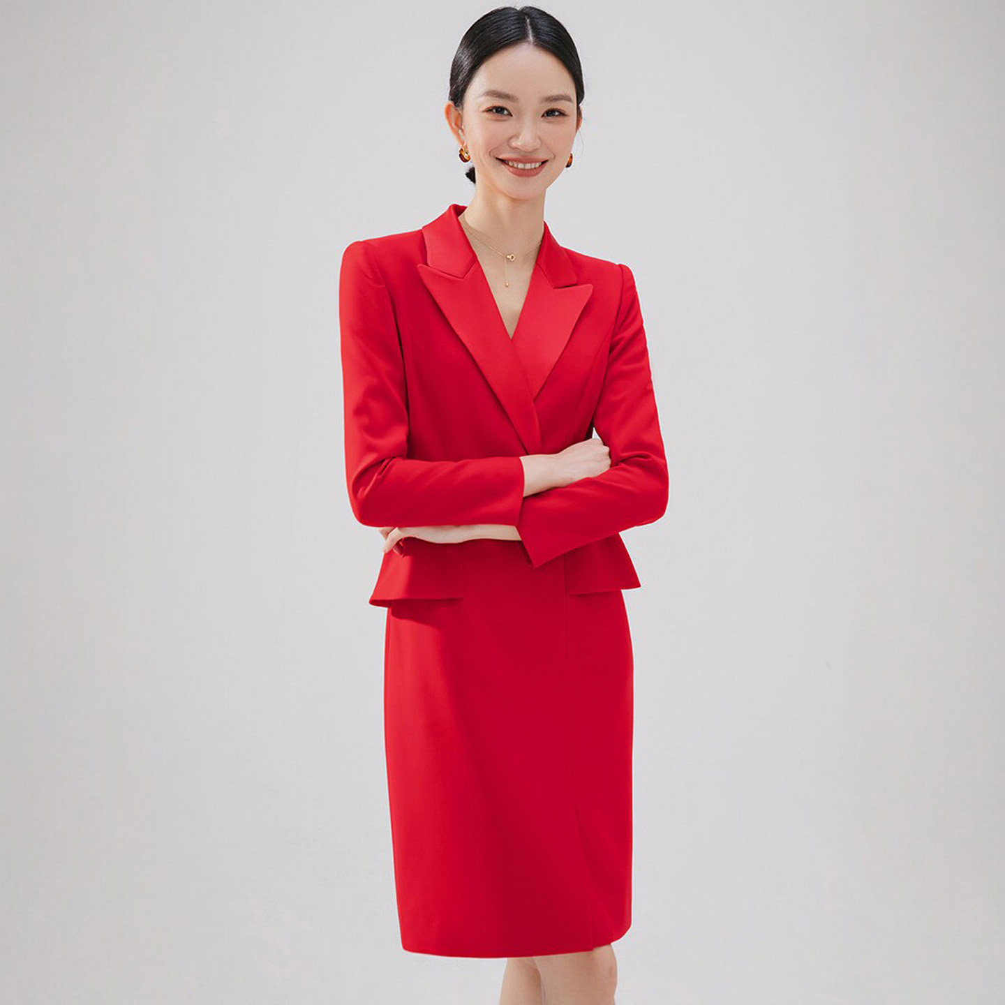晚会主持人礼服大红色职业连衣裙