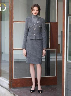 AD灰色羊毛呢子西装套裙气质轻奢小香风两件套教师职业装时尚礼服