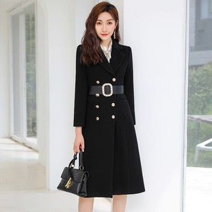 职业西装毛呢大衣女冬季气质法式复古中长款黑色收腰外套加厚保暖
