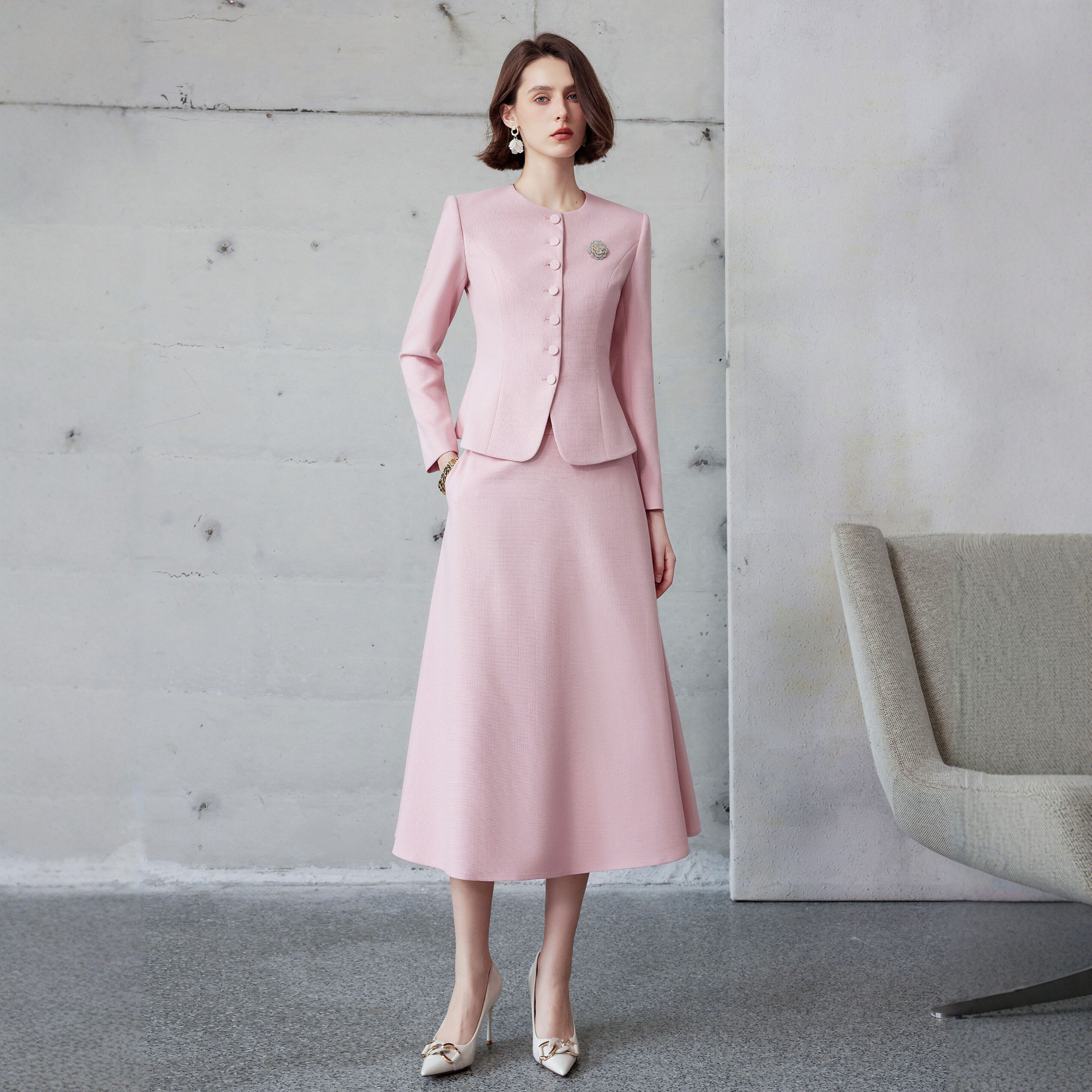 AD大码粉色主持人职业西装套装伞裙小香风高级感ol女面试商务正装