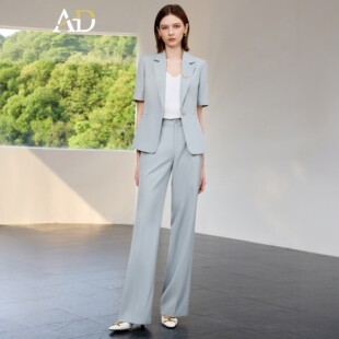 AD高端浅蓝色西装套装夏季短袖宽松阔版女气质职业西服阔腿裤工装