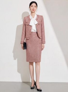 小香风玫瑰粉粗花呢套装宴会礼服