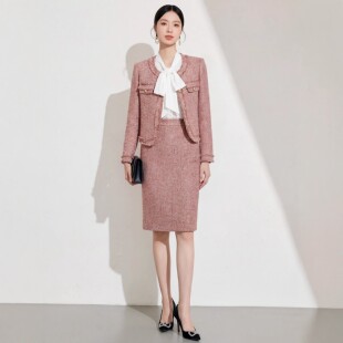 宴会礼服小香风玫瑰粉粗花呢套装女长袖短外套半身裙千金风职业装