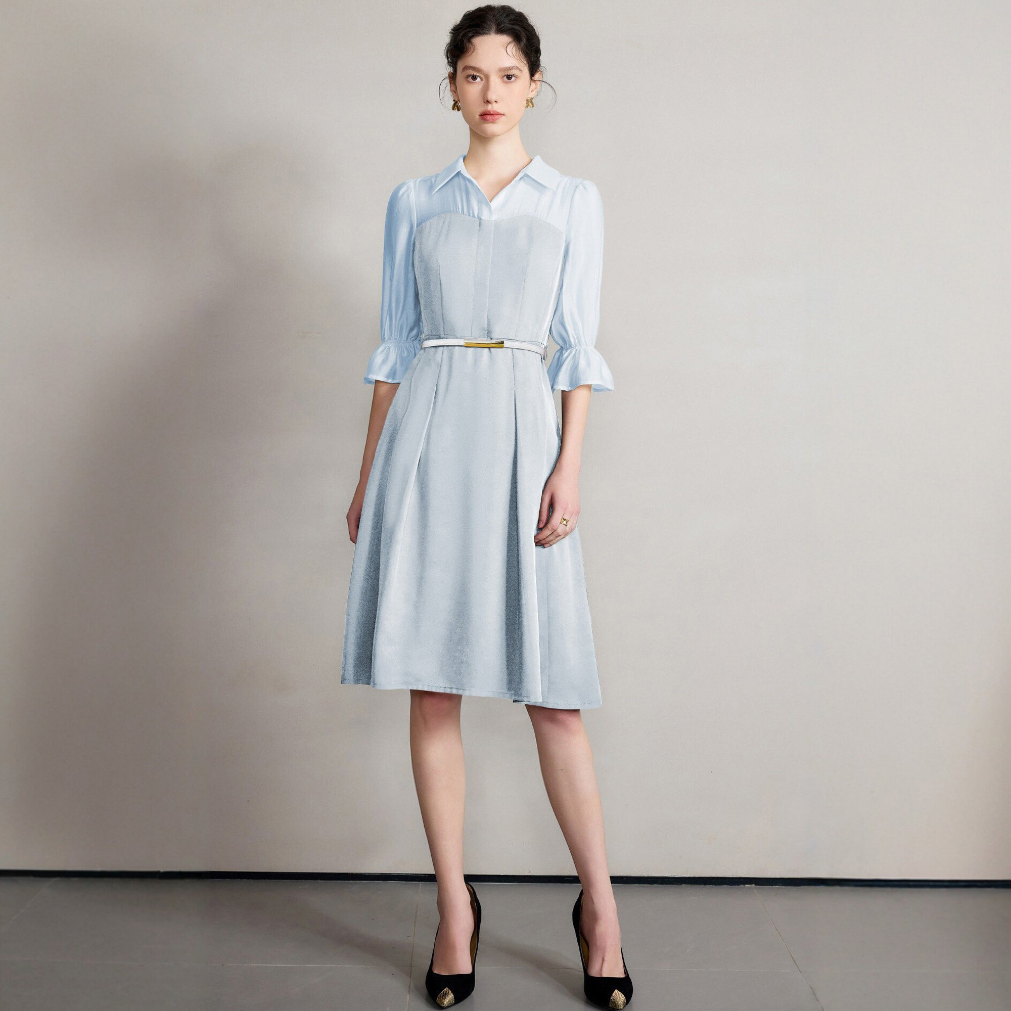 宴会礼服AD蓝色连衣裙女轻奢高级感气质衬衫领拼接优雅设计感