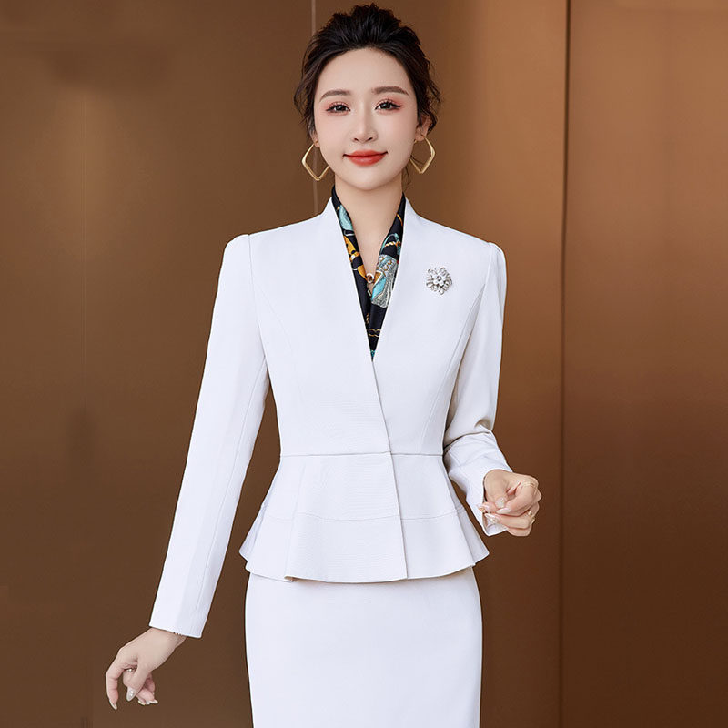 大码职业套装裙高端白色西服女荷叶边高级感美容师正装前台工作装