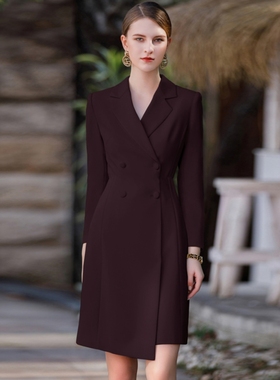 AD大码高端职业连衣裙女时尚深红色中长款长袖工装主持人宴会礼服