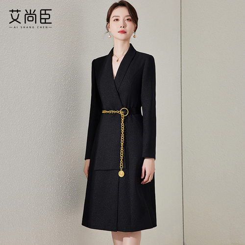 艾尚臣藏青色长袖连衣裙