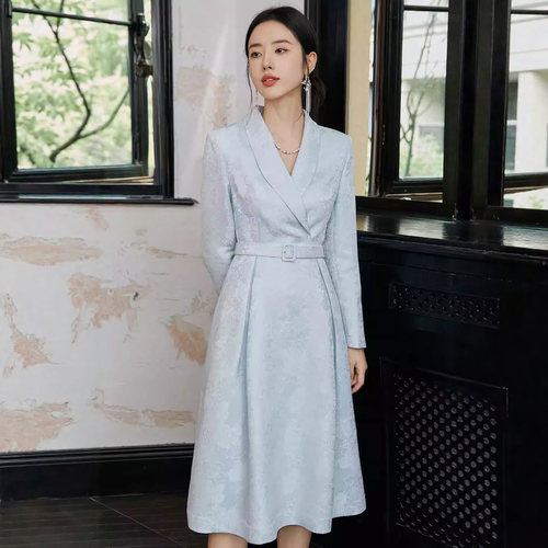 宴会礼服蓝色新中式女职业连衣裙