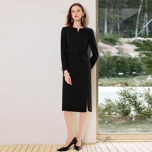 宴会礼服气质连衣裙女高级感黑色轻奢长袖职业销售部珠宝店工作服