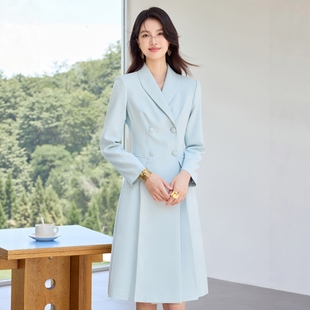 浅蓝色主持人2026高级感连衣裙美容院讲师前台时尚气质长袖职业装