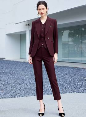 AD深红色职场三件套女西装套装裤商务气质总裁范西服正装宴会礼服